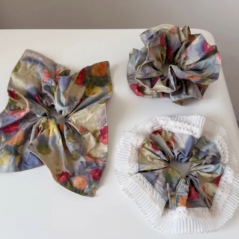 Vintage Ölgemälde-Stil Blumendruck Haargummi Für Damen Handgefertigter Stoff Spitzenbesatz Scrunchies Mode Haarschmuck