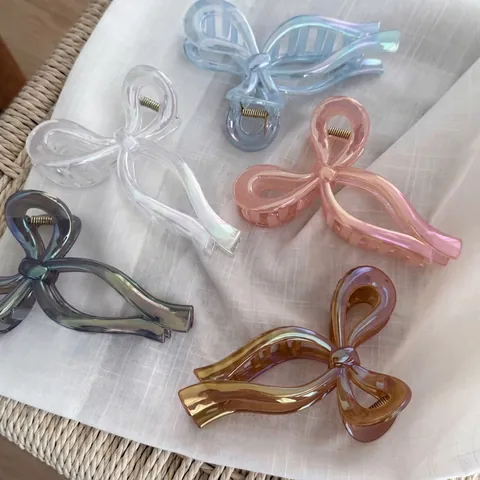 Elegant Large Pearlescent Bow Knot Hair Claw Clip Iridescent Acrylic Shark Clip For Women Girls Stylish Hair Accessories