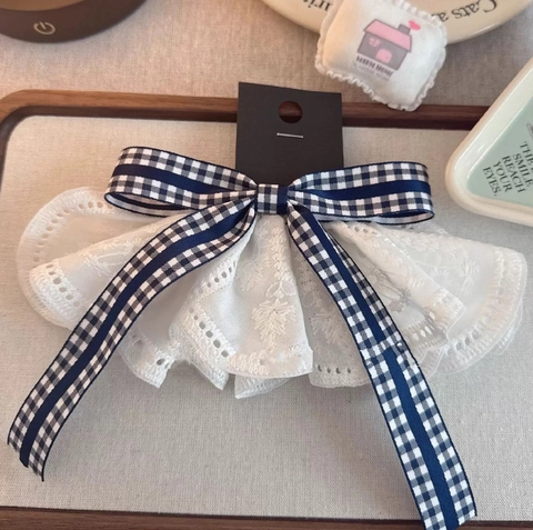 Elegant White Lace Navy Blue Gingham Bow Hair Clip Sweet Handmade Ruffle Embroidery Streamer Spring Clip For Women Girls