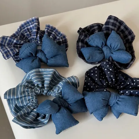 Denim Blue Plaid Padded Bow Scrunchie Korean Sweet Polka Dot Striped Elastic Hair Tie Band Cute Hair Accessories For Women