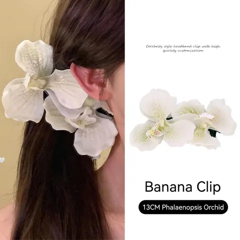Fermaglio per Capelli Fiore di Orchidea Bianca Grande Pinza per Capelli Phalaenopsis Fermaglio a Banana Donna Stile Vacanza Tessuto Fatto a Mano