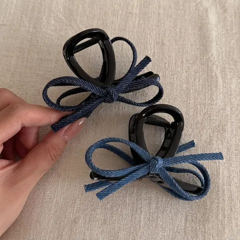 Retro Denim Bowknot Hair Claw Clip For Women High End Feeling Denim Fabric Shark Clip Fashion Hair Styling Accessories