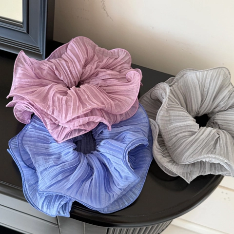 Elegant Pleated Mesh Chiffon Large Scrunchies For Women Ruffle Hair Ties Solid Color Elastic Hair Bands Daily Accessories