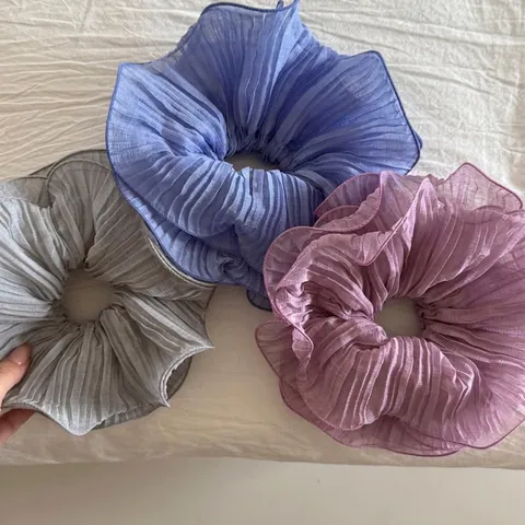 Elegant Pleated Mesh Chiffon Large Scrunchies For Women Ruffle Hair Ties Solid Color Elastic Hair Bands Daily Accessories