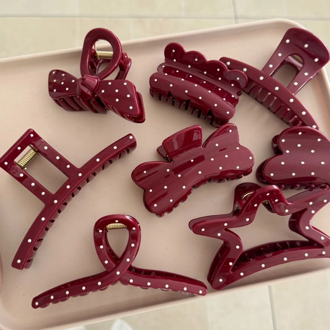 French Retro Acrylic Burgundy Hair Claw Clip Large Polka Dot Hair Clip Handmade Geometric Hair Accessories For Women