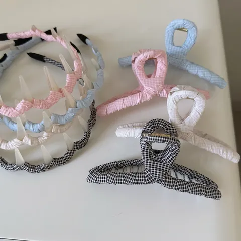 Sweet Gingham Fabric Wrapped Hair Accessory Korean Style Checkered Hair Claw Non Slip Teeth Headband For Women Decorative Hairpin