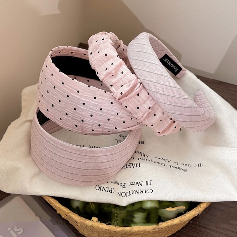 Cerchietto a Fascia Larga Pieghettato a Pois Rosa Stile Coreano per Donna Cerchietto Antiscivolo in Tessuto Accessori