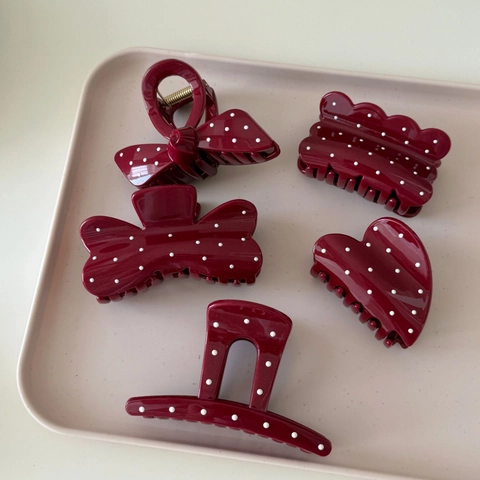 French Retro Acrylic Burgundy Hair Claw Clip Large Polka Dot Hair Clip Handmade Geometric Hair Accessories For Women