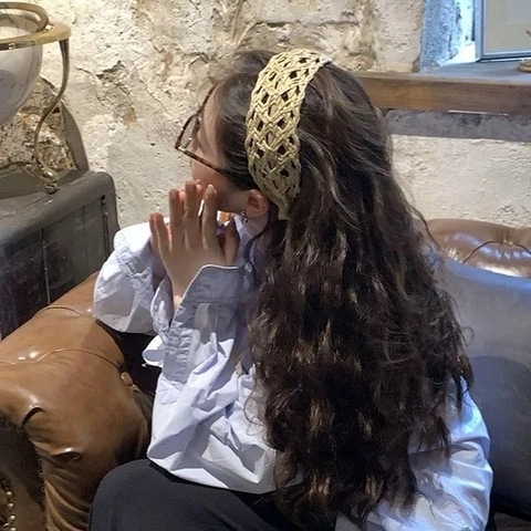 Diadema de Paja Tejida a Mano Rattan Bohemio Ancho Hueco Tejido Cinta para el Pelo para Mujeres Vacaciones Playa Diario
