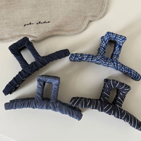 Vintage Fabric Wrapped Hair Claw Clips Denim Plaid Striped Square Hair Clamps Fashion Large Shark Clip For Women Hair Styling