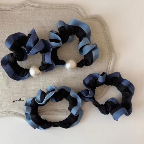 Coletero de Satén con Contraste de Aspecto Denim Vintage Con Perla Artificial Goma de Pelo Elástica Para Coleta Mujer
