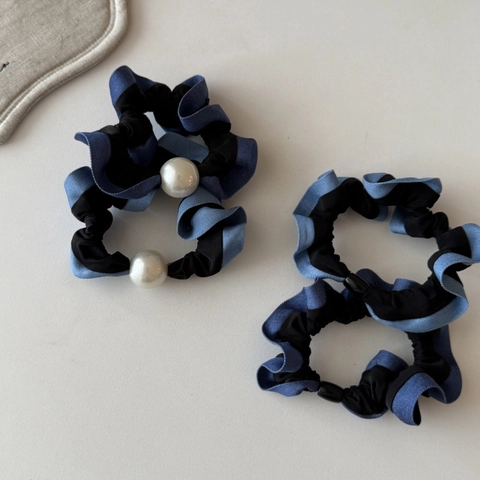 Coletero de Satén con Contraste de Aspecto Denim Vintage Con Perla Artificial Goma de Pelo Elástica Para Coleta Mujer