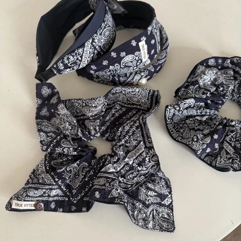 Damen Marineblau Paisley Print Schleife Stirnband Vintage Stoff Handgemachtes Haarband Retro Stil Haarschmuck Für Den Alltag