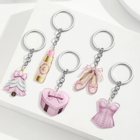 Rosa Acryl Beidseitiger Druck Schlüsselanhänger Lippenstift Weihnachtsbaum Herz Geschenkschachtel Ballettschuhe Korsett Anhänger