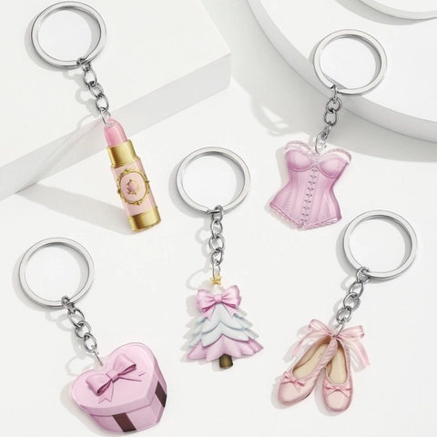 Rosa Acryl Beidseitiger Druck Schlüsselanhänger Lippenstift Weihnachtsbaum Herz Geschenkschachtel Ballettschuhe Korsett Anhänger