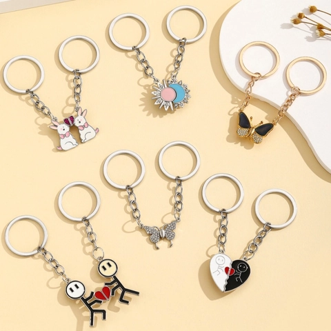 Creative Magnetic Couple Stickman Heart Keychain Alloy Enamel Sun Moon Butterfly Rabbit Bag Pendant Friend Gift Keyring