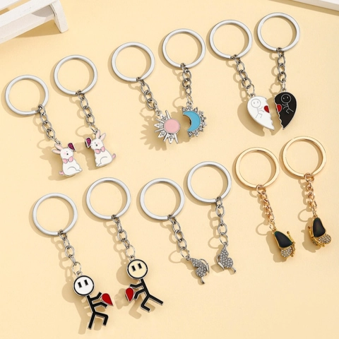 Creative Magnetic Couple Stickman Heart Keychain Alloy Enamel Sun Moon Butterfly Rabbit Bag Pendant Friend Gift Keyring