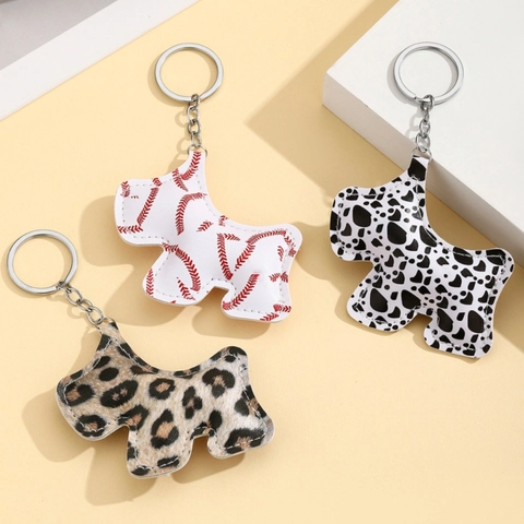 Scottish Terrier Dog Keychain PU Leather Bag Pendant Leopard Cow Pattern Baseball Stitching Animal Keyring For Women Bag Decor
