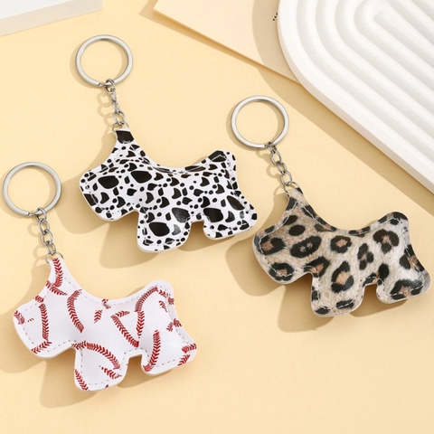 Scottish Terrier Dog Keychain PU Leather Bag Pendant Leopard Cow Pattern Baseball Stitching Animal Keyring For Women Bag Decor