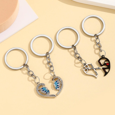 Set Di Portachiavi Per Coppia A Forma Di Cuore In Lega Di Zinco Con Strass Farfalla Chiave Lucchetto Regalo Romantico