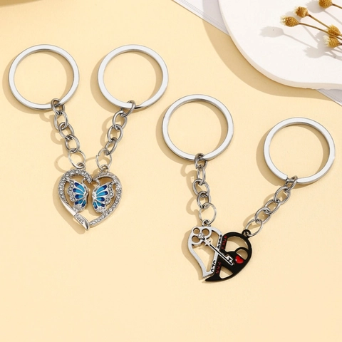 Set Di Portachiavi Per Coppia A Forma Di Cuore In Lega Di Zinco Con Strass Farfalla Chiave Lucchetto Regalo Romantico