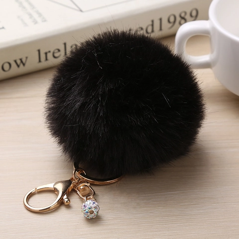 Porte-Clés Pompon en Fausse Fourrure pour Sac à Main Femme Fermoir Mousqueton en Métal Doré avec Pendentif Boule en Strass