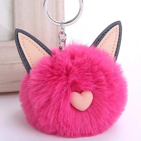 Faux Rabbit Fur Pom Pom Keychain With Cute Cat Ears Heart Decor Soft Plush Bag Charm For Women Girls Accessory