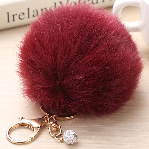 Porte-Clés Pompon en Fausse Fourrure pour Sac à Main Femme Fermoir Mousqueton en Métal Doré avec Pendentif Boule en Strass
