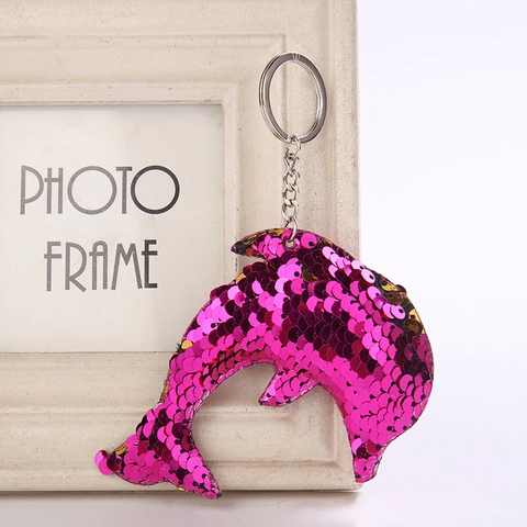 Glitter Dolphin Sequin Keychain Marine Life Animal Bag Charm Reversible Sequin Pendant For Purse Backpack Key Decoration