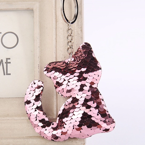 Lindo Llavero de Lentejuelas con Forma de Gato para Mujer Colgante de Bolso con Lentejuelas Brillantes Anillo de Metal