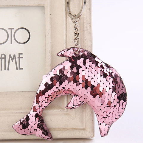 Glitter Dolphin Sequin Keychain Marine Life Animal Bag Charm Reversible Sequin Pendant For Purse Backpack Key Decoration