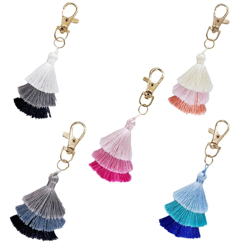 Bohemian 3-lagiger Farbverlauf Quasten Schlüsselanhänger Baumwollgarn Taschenanhänger Damen Gold Legierung Boho Schlüsselring Geschenk