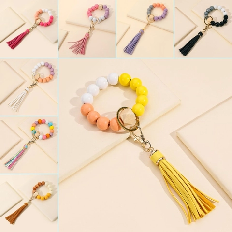 Bracciale Portachiavi in Legno Bohemian per Donna Cinturino da Polso a Perline Colorate Con Nappina in Pelle Artificiale Portachiavi Anti-Smarrimento