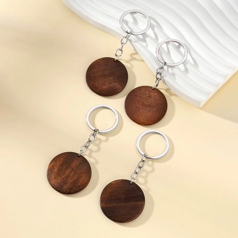 Simple Round Wood Keychain Walnut Color Solid Wood DIY Pendant Minimalist Bag Car Key Accessory Set For Universal Gift