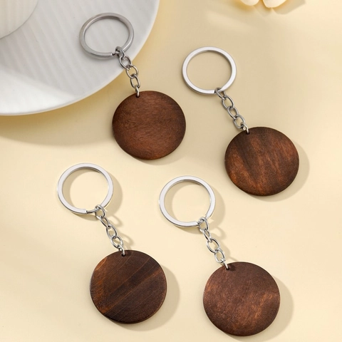 Simple Round Wood Keychain Walnut Color Solid Wood DIY Pendant Minimalist Bag Car Key Accessory Set For Universal Gift