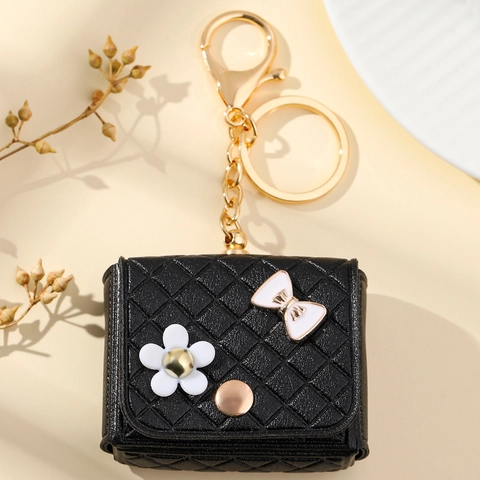Portachiavi Mini a Forma di Borsa Trapuntata Elegante Ciondolo per Borsa in Pelle PU con Fiori e Fiocchi Regalo Donna Gioielli