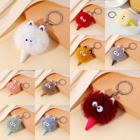 Schattige Cartoon Ijs Pluche Pop Sleutelhanger Zacht Imitatiebont Monster Pompom Tasbedel Voor Auto Rugzak Vrouwen Meisje Accessoires