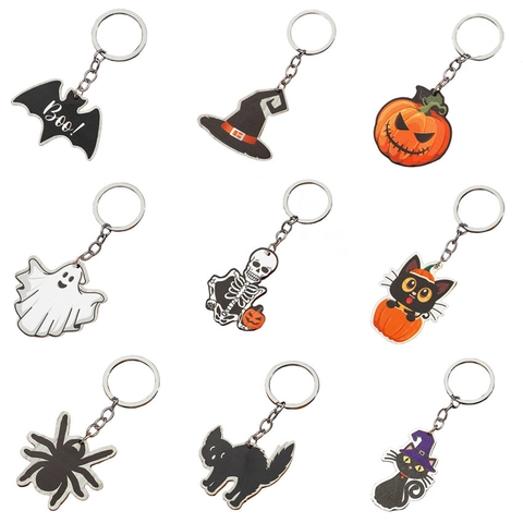 Halloween Houten Sleutelhanger Vleermuis Pompoen Geest Spin Skelet Kat Hanger Accessoires Voor Rugzak Sleutels Feestdecoratie