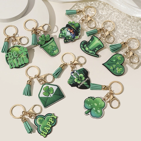 St Patrick's Day Holz Klee Schlüsselanhänger Mit Grüner Quaste Glücksbringer Kleeblatt Herz Gnom Schlüsselanhänger Tasche Charme Damen