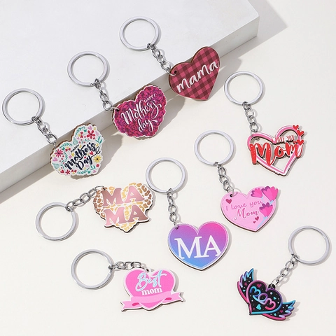 Heart Wooden Keychain For Women Mother's Day Mama Mom Lettering Floral Leopard Print Heart Pendant Metal Ring Gift Accessories