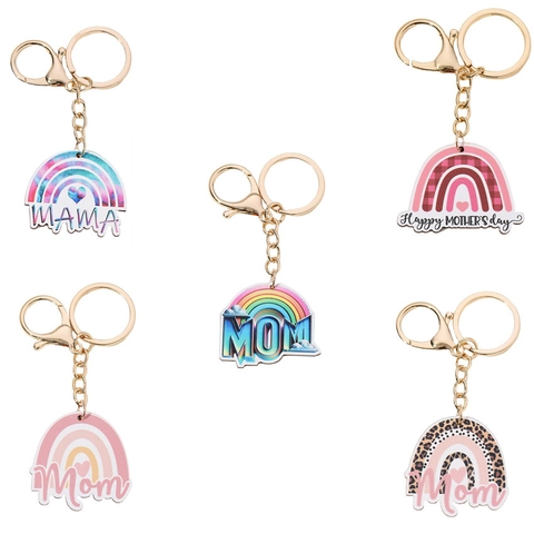 Portachiavi Arcobaleno per la Festa della Mamma in Legno e Lega Regalo Mom Mama con Stampa Leopardata e Cuore Ciondolo