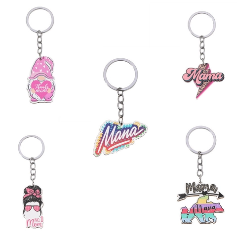 Moederdag Houten Sleutelhanger Luipaard Roze Hart Mama Belettering Regenboog Beer Gnome Ornament Auto Sleutelhouder Cadeau