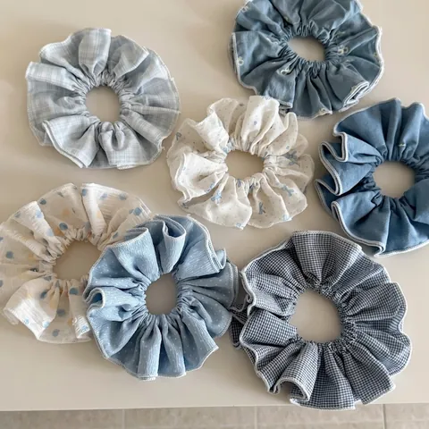 Elastici per Capelli in Tessuto Floreale Pois Quadri per Donna Blu Bianco Bordo in Pizzo Elastici per Coda di Cavallo