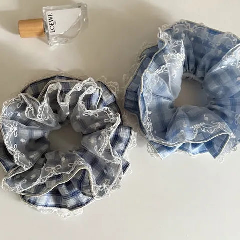 Ballet Style Μπλε Καρό Δαντέλα Scrunchie Κεντημένο Φιόγκο Γλυκό Λαστιχάκι Μαλλιών Φρέσκο Λογοτεχνικό Φλόραλ Scrunchies για Κορίτσια Γυναίκες Αξεσουάρ Μαλλιών