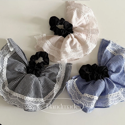 Chouchous en Mousseline à Dentelle et Motif Gingham Style Français Nœud Fait à la Main Bandeau Élastique Femmes