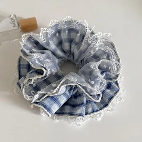 Ballet Style Μπλε Καρό Δαντέλα Scrunchie Κεντημένο Φιόγκο Γλυκό Λαστιχάκι Μαλλιών Φρέσκο Λογοτεχνικό Φλόραλ Scrunchies για Κορίτσια Γυναίκες Αξεσουάρ Μαλλιών