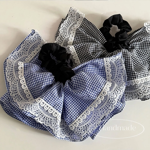 Chouchous en Mousseline à Dentelle et Motif Gingham Style Français Nœud Fait à la Main Bandeau Élastique Femmes