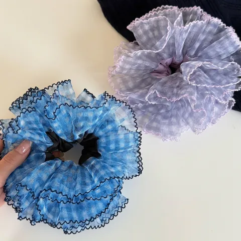 Balletcore Blaues Karo Organza Übergroßes Haargummi Für Damen Spitzenbesatz Handgefertigt Elastisches Haarband Mode Süßes Haar Accessoire