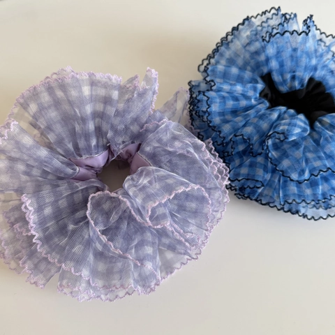 Balletcore Blaues Karo Organza Übergroßes Haargummi Für Damen Spitzenbesatz Handgefertigt Elastisches Haarband Mode Süßes Haar Accessoire