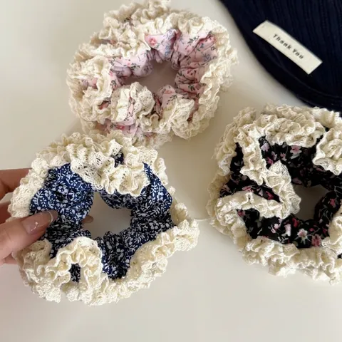 Handgemachte Retro Koreanischen Stil Floral Haargummi Doppelreihiger Spitzenbesatz Geraffte Haargummi Sanfte Süße Mädchen Pastorale Haarschmuck